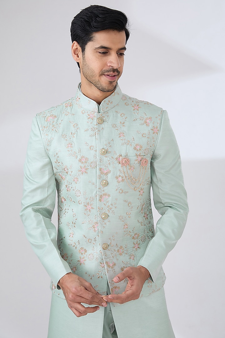 Aqua Bombay Silk Thread Embroidered Nehru Jacket Set by Laromani at Pernia's Pop Up Shop