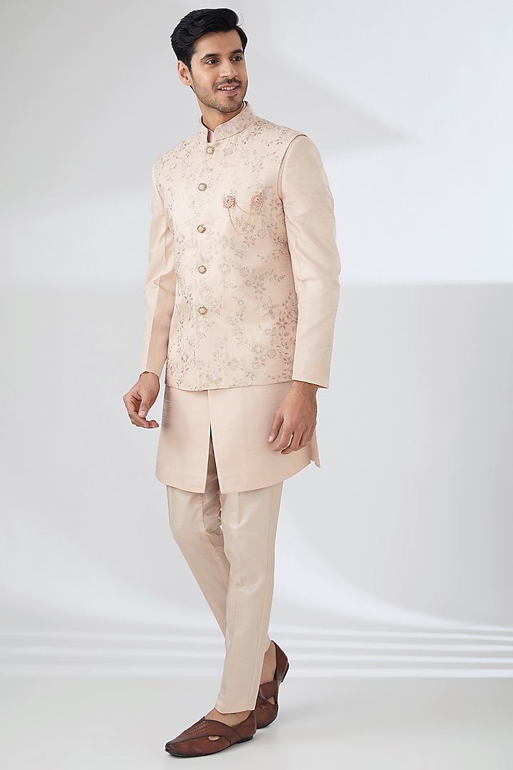 Peach Bombay Silk Thread Embroidered Nehru Jacket Set by Laromani