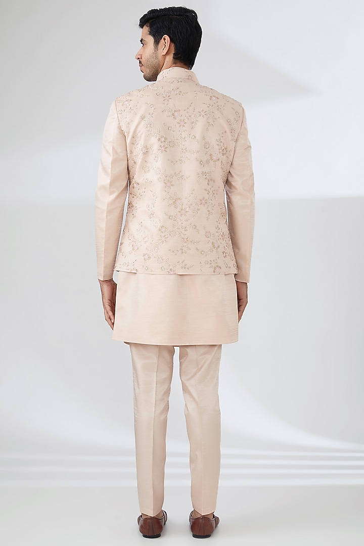Peach Bombay Silk Thread Embroidered Nehru Jacket Set by Laromani at Pernia's Pop Up Shop