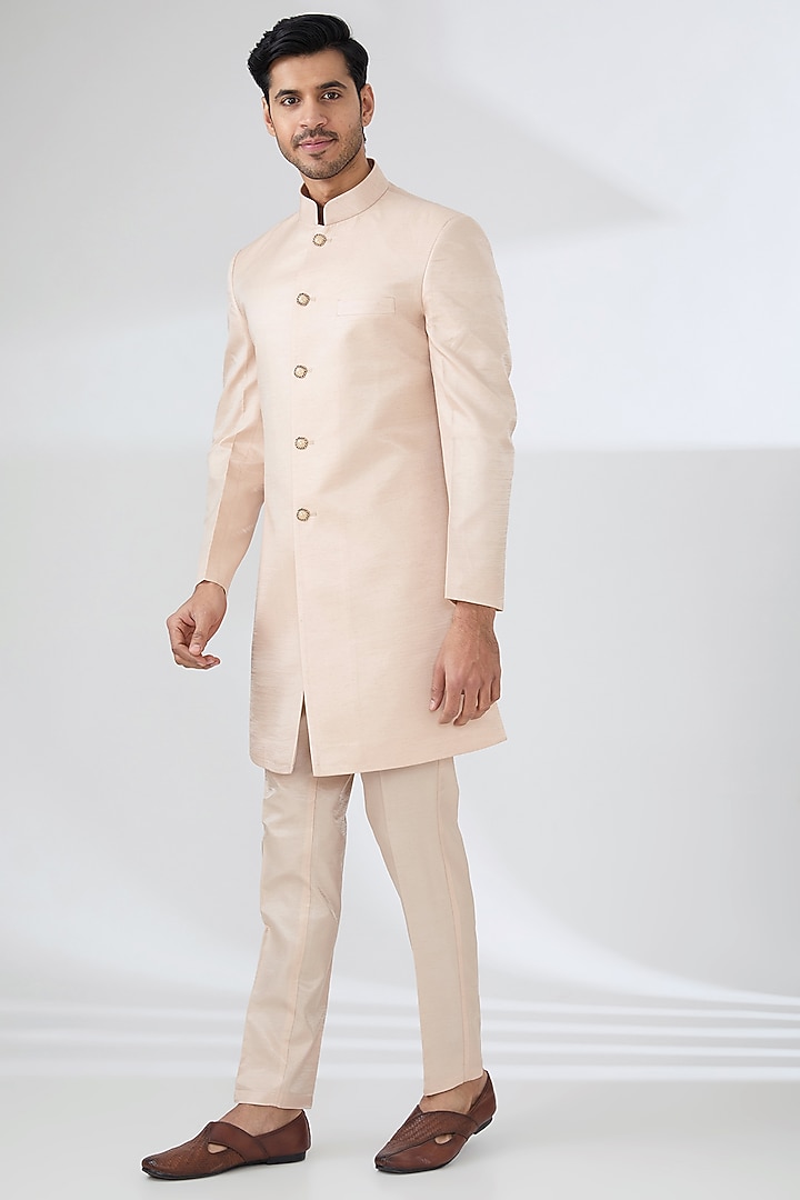 Peach Bombay Silk Thread Embroidered Nehru Jacket Set by Laromani at Pernia's Pop Up Shop