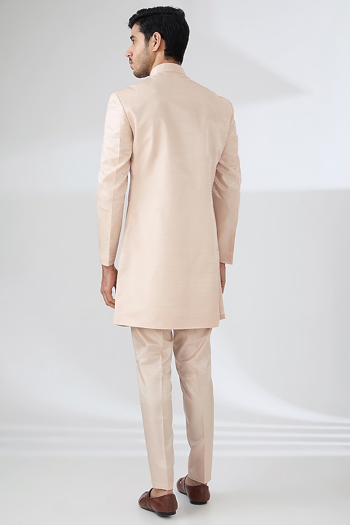 Peach Bombay Silk Thread Embroidered Nehru Jacket Set by Laromani at Pernia's Pop Up Shop