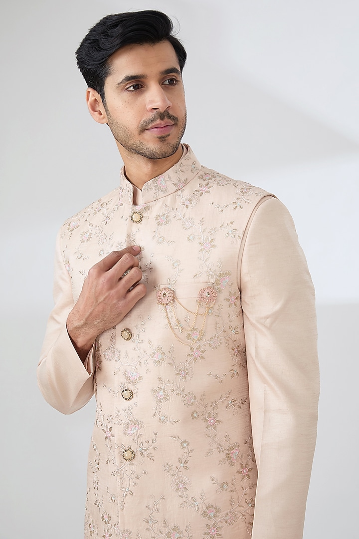 Peach Bombay Silk Thread Embroidered Nehru Jacket Set by Laromani at Pernia's Pop Up Shop