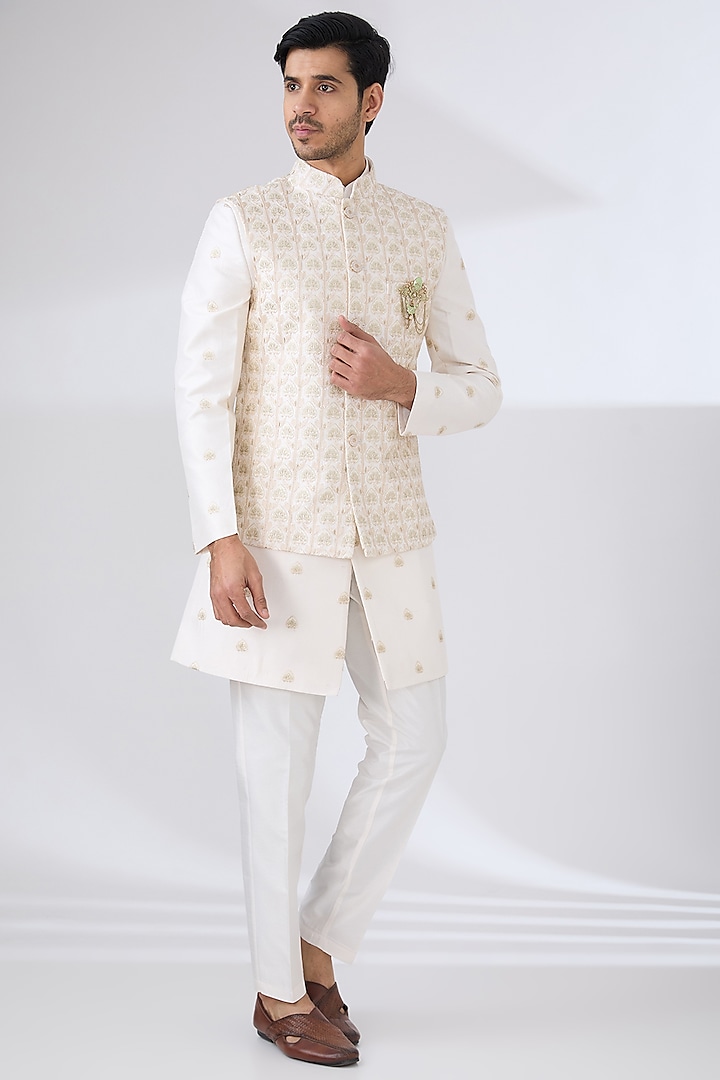 Cream Russian Silk Thread Embroidered Nehru Jacket Set by Laromani