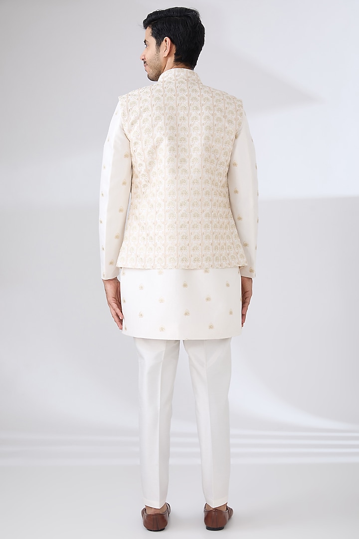 Cream Russian Silk Thread Embroidered Nehru Jacket Set by Laromani at Pernia's Pop Up Shop