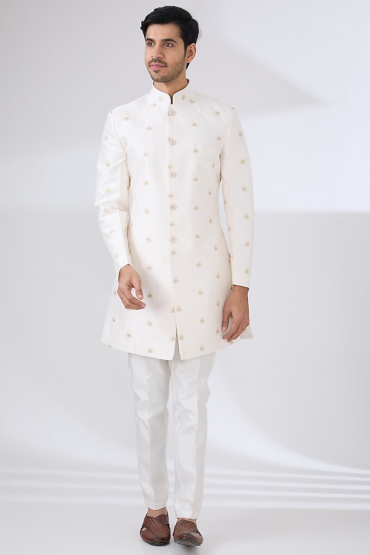 Cream Russian Silk Thread Embroidered Nehru Jacket Set by Laromani at Pernia's Pop Up Shop