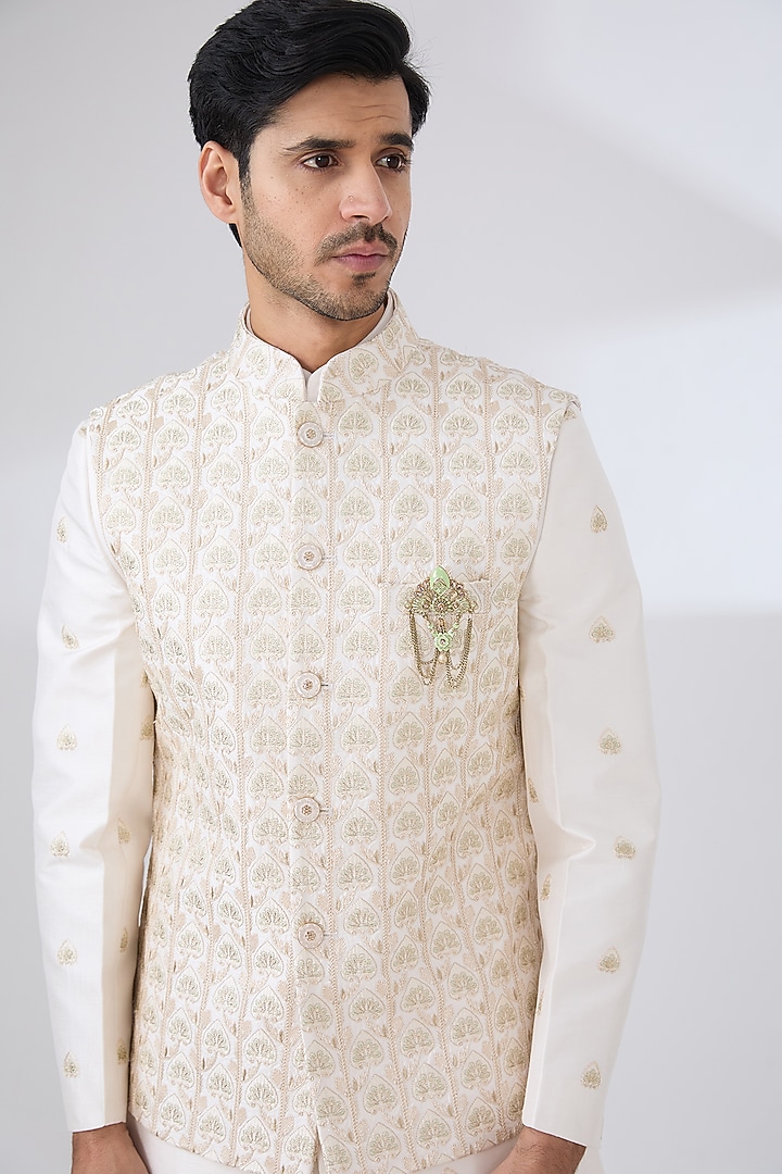 Cream Russian Silk Thread Embroidered Nehru Jacket Set by Laromani at Pernia's Pop Up Shop
