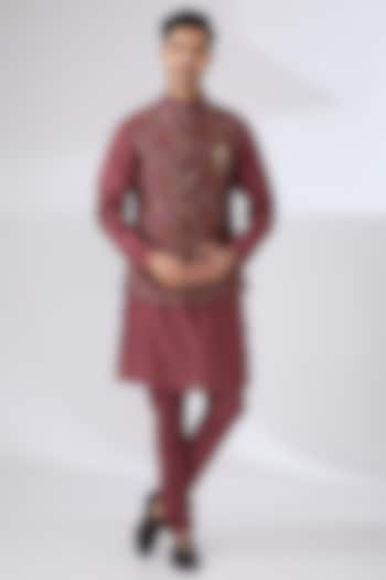 Maroon Moonga Silk Floral Printed Nehru Jacket Set by Laromani