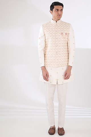Pink Russian Silk Thread Embroidered Nehru Jacket Set by Laromani