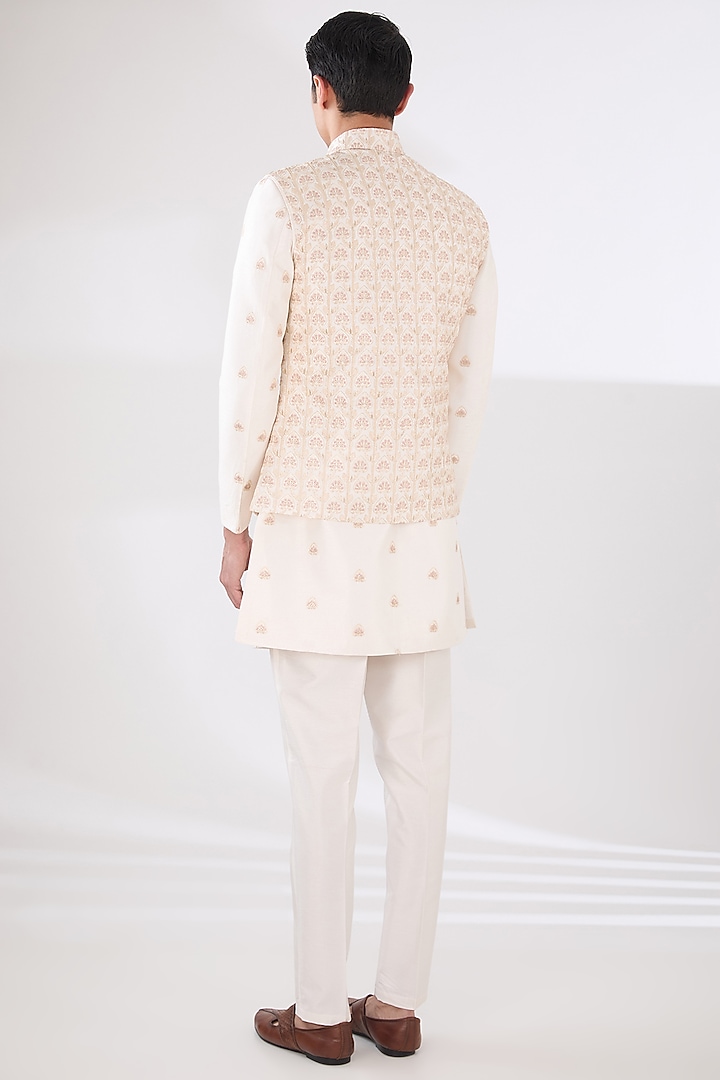 Pink Russian Silk Thread Embroidered Nehru Jacket Set by Laromani at Pernia's Pop Up Shop