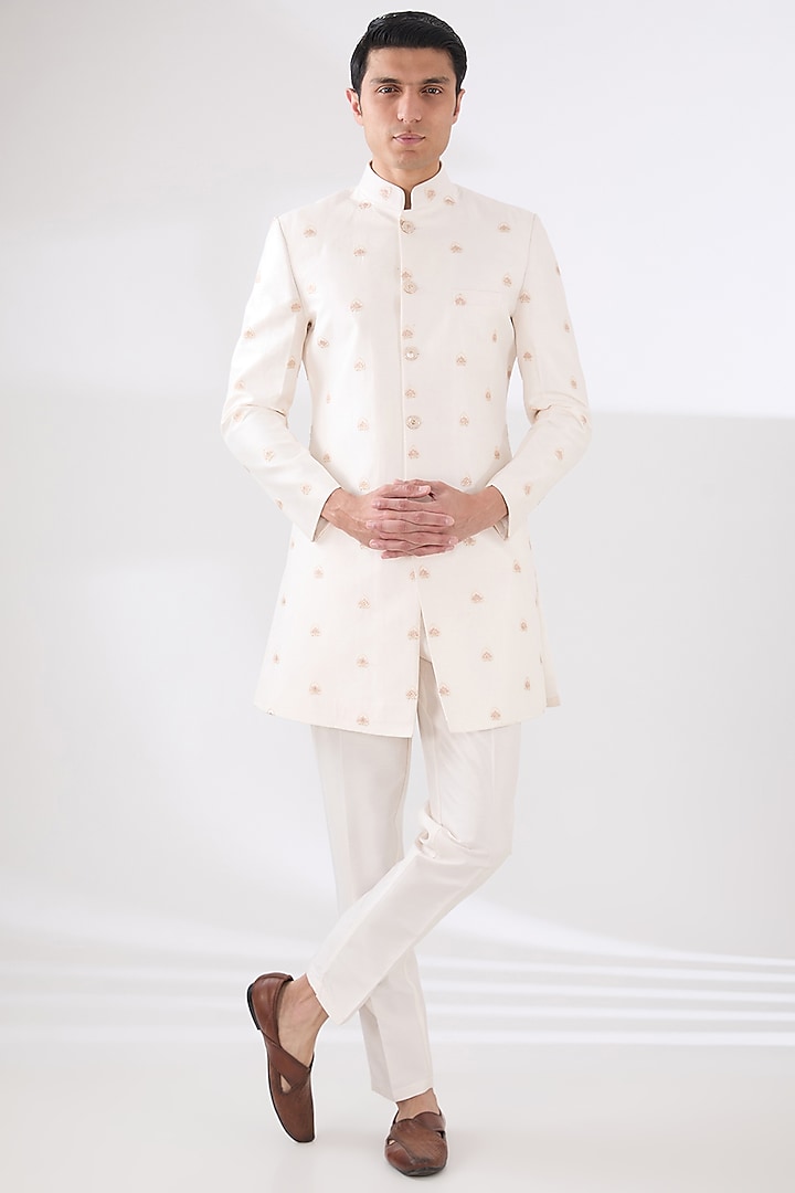 Pink Russian Silk Thread Embroidered Nehru Jacket Set by Laromani at Pernia's Pop Up Shop