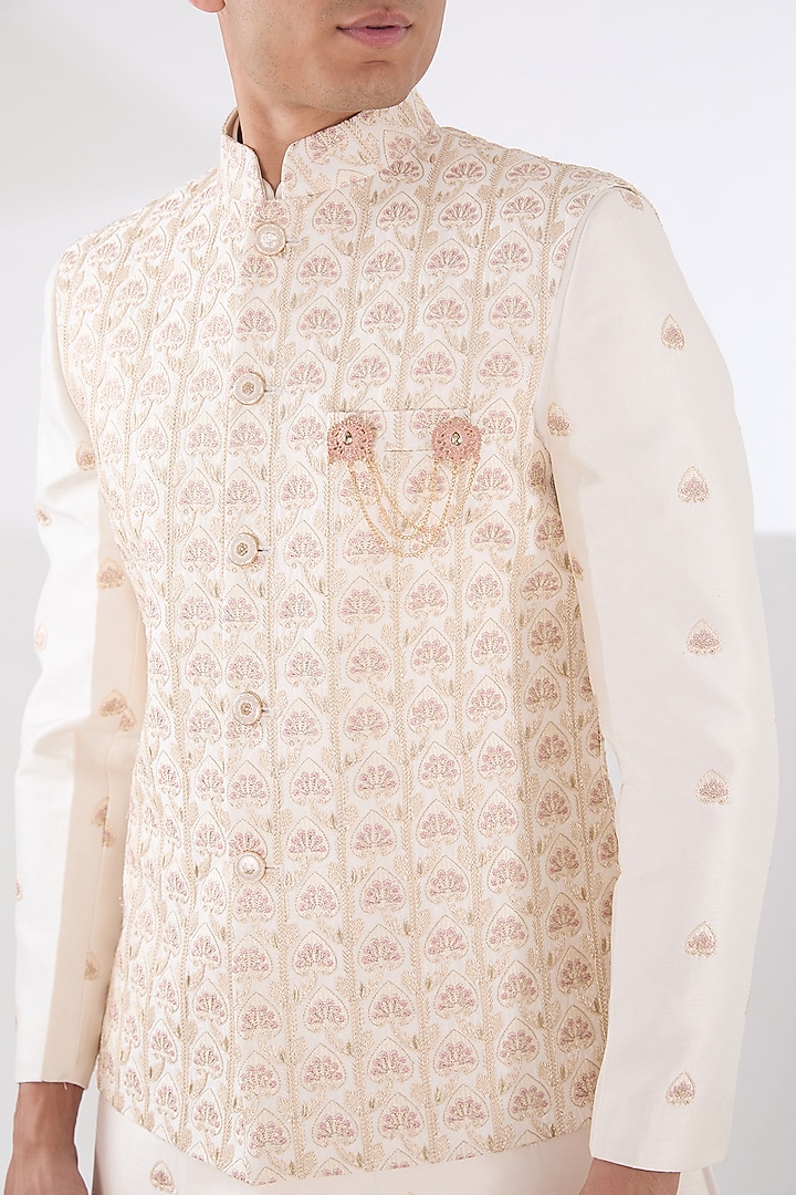 Pink Russian Silk Thread Embroidered Nehru Jacket Set by Laromani at Pernia's Pop Up Shop