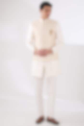 Orange Russian Silk Thread Embroidered Nehru Jacket Set by Laromani at Pernia's Pop Up Shop