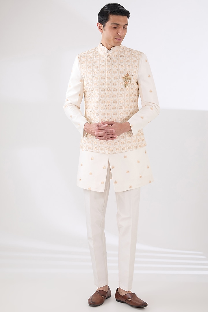 Orange Russian Silk Thread Embroidered Nehru Jacket Set by Laromani at Pernia's Pop Up Shop