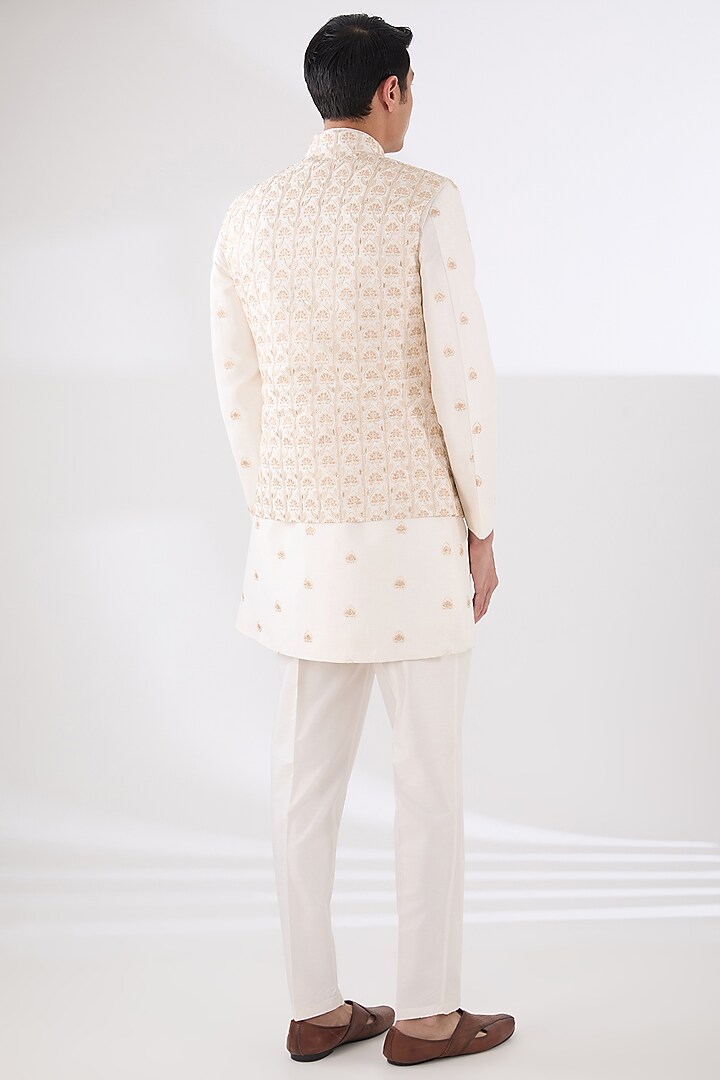 Orange Russian Silk Thread Embroidered Nehru Jacket Set by Laromani at Pernia's Pop Up Shop