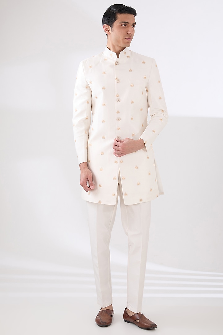 Orange Russian Silk Thread Embroidered Nehru Jacket Set by Laromani at Pernia's Pop Up Shop