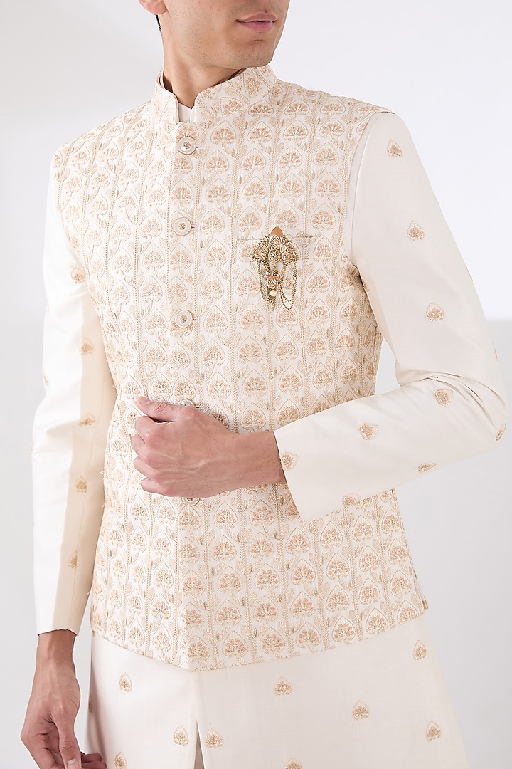 Orange Russian Silk Thread Embroidered Nehru Jacket Set by Laromani at Pernia's Pop Up Shop
