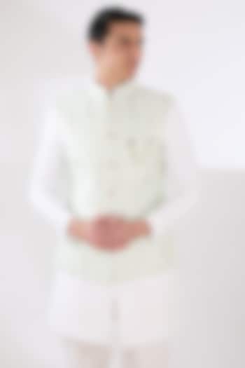 Aqua Russian Silk Zari Embroidered Nehru Jacket Set by Laromani at Pernia's Pop Up Shop