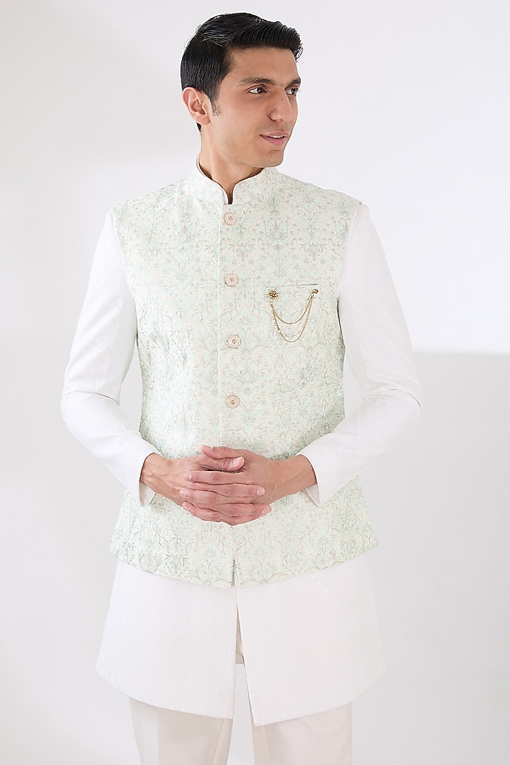 Aqua Russian Silk Zari Embroidered Nehru Jacket Set by Laromani at Pernia's Pop Up Shop