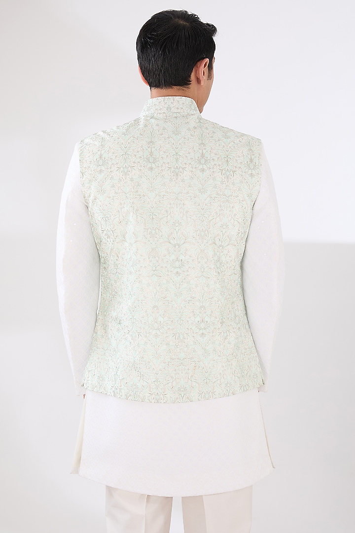Aqua Russian Silk Zari Embroidered Nehru Jacket Set by Laromani at Pernia's Pop Up Shop