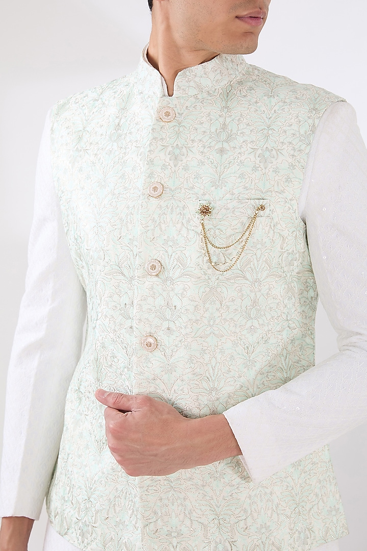 Aqua Russian Silk Zari Embroidered Nehru Jacket Set by Laromani at Pernia's Pop Up Shop