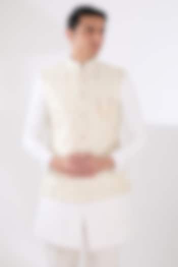 Fawn Russian Silk Thread Embroidered Nehru Jacket Set by Laromani at Pernia's Pop Up Shop