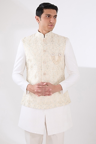 Fawn Russian Silk Thread Embroidered Nehru Jacket Set by Laromani