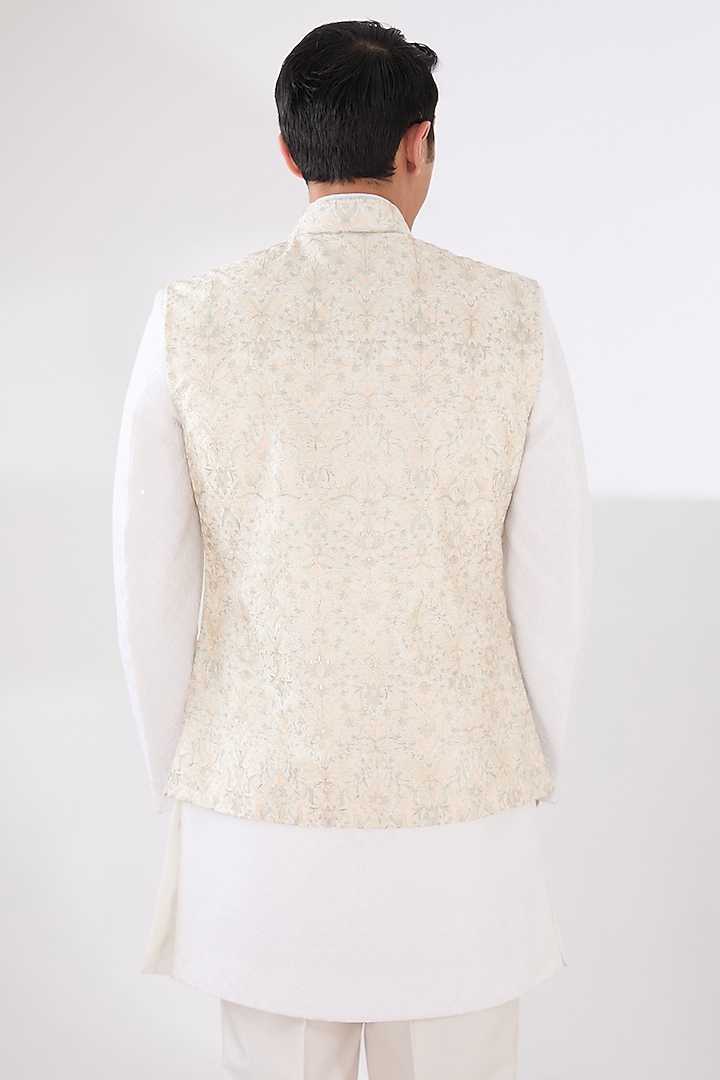 Fawn Russian Silk Thread Embroidered Nehru Jacket Set by Laromani at Pernia's Pop Up Shop