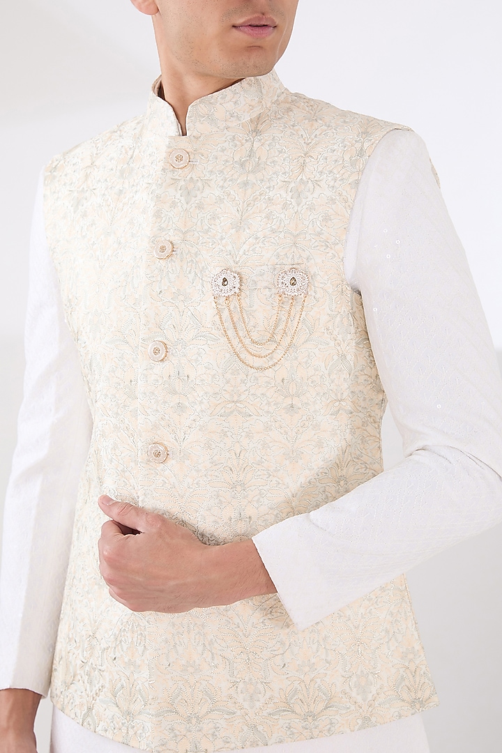 Fawn Russian Silk Thread Embroidered Nehru Jacket Set by Laromani at Pernia's Pop Up Shop
