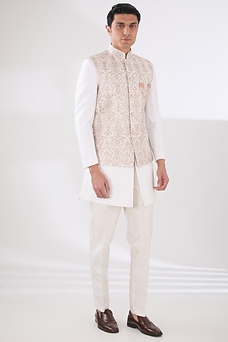 Mauve Russian Silk Thread Embroidered Nehru Jacket Set by Laromani