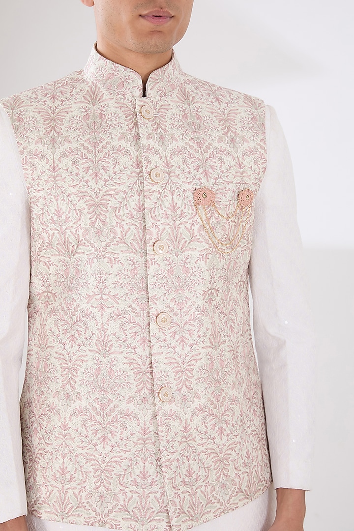 Mauve Russian Silk Thread Embroidered Nehru Jacket Set by Laromani at Pernia's Pop Up Shop