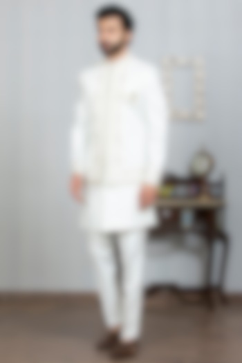 Pista Green Russian Silk Embroidered Nehru Jacket With Kurta Set by Laromani at Pernia's Pop Up Shop