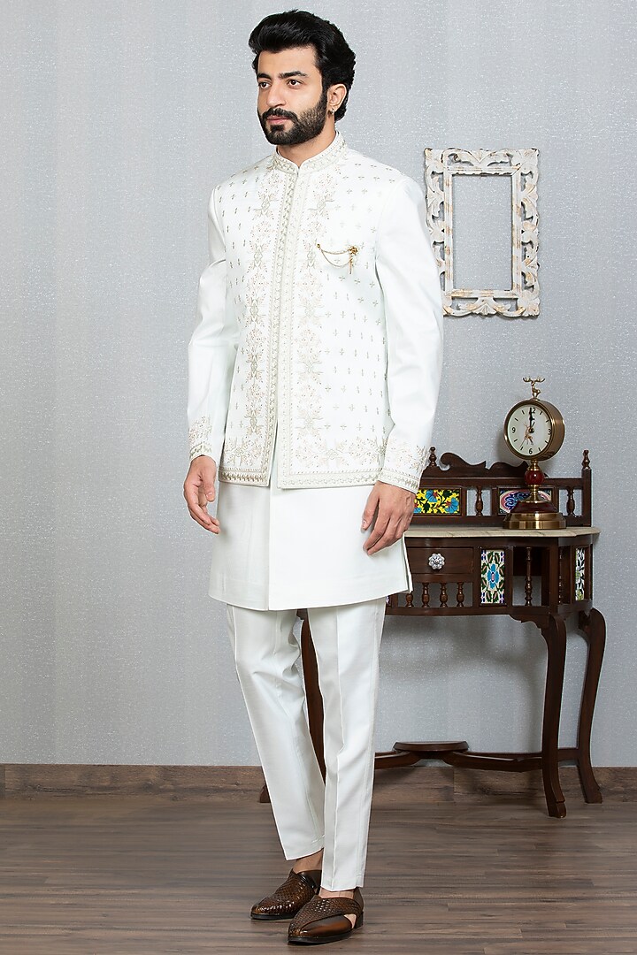 Pista Green Russian Silk Embroidered Nehru Jacket With Kurta Set by Laromani at Pernia's Pop Up Shop