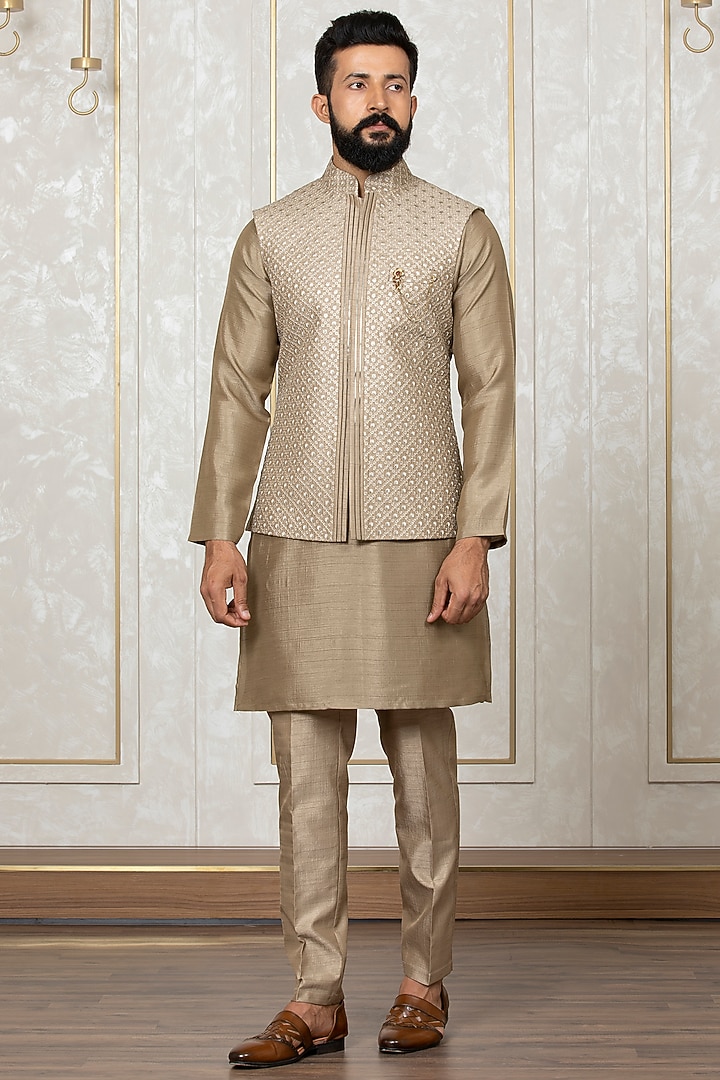 Mouse Nysa Silk Embroidered Nehru Jacket With Kurta Set by Laromani at Pernia's Pop Up Shop
