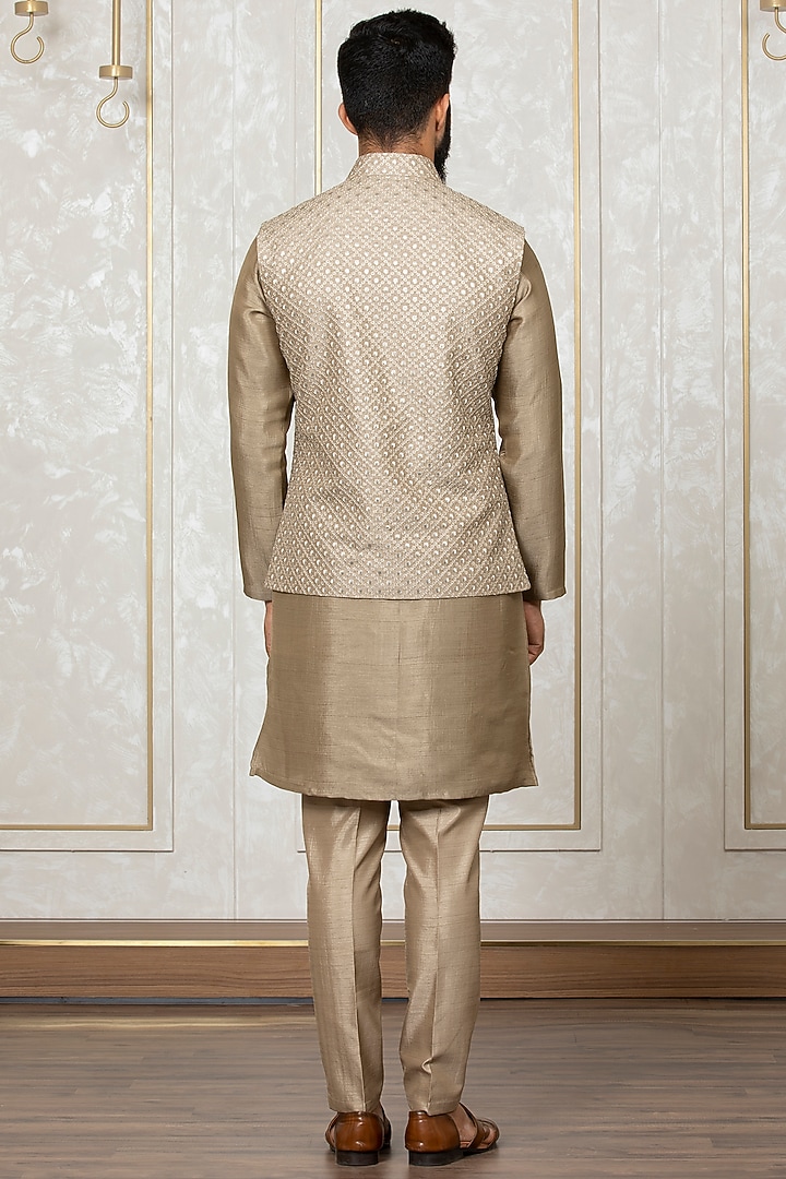 Mouse Nysa Silk Embroidered Nehru Jacket With Kurta Set by Laromani at Pernia's Pop Up Shop