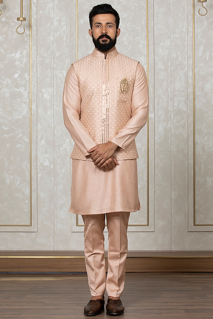 Peach Nysa Silk Embroidered Nehru Jacket With Kurta Set by Laromani