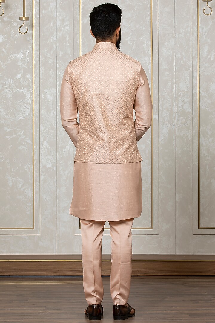 Peach Nysa Silk Embroidered Nehru Jacket With Kurta Set by Laromani at Pernia's Pop Up Shop