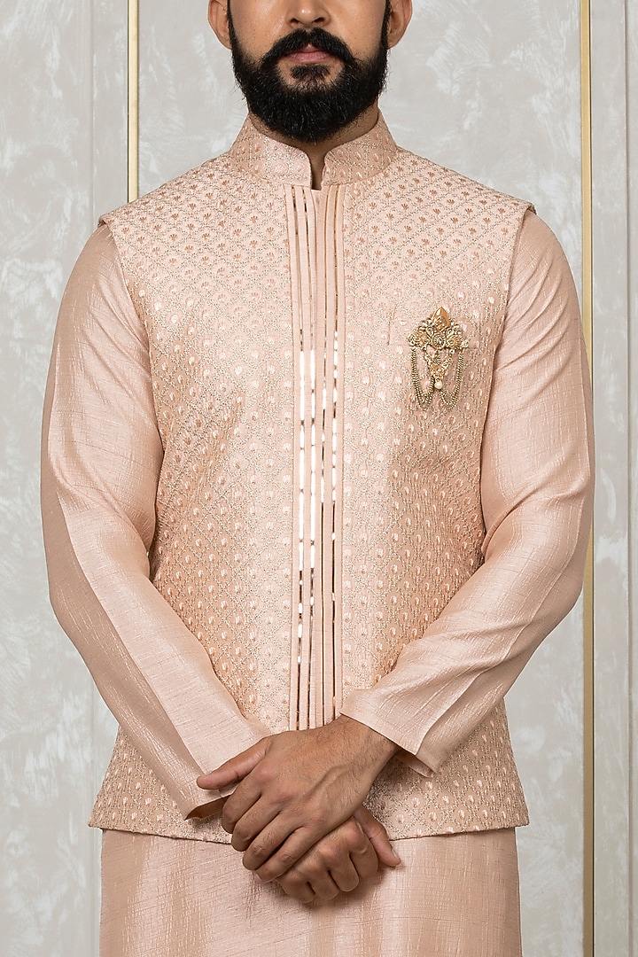 Peach Nysa Silk Embroidered Nehru Jacket With Kurta Set by Laromani at Pernia's Pop Up Shop