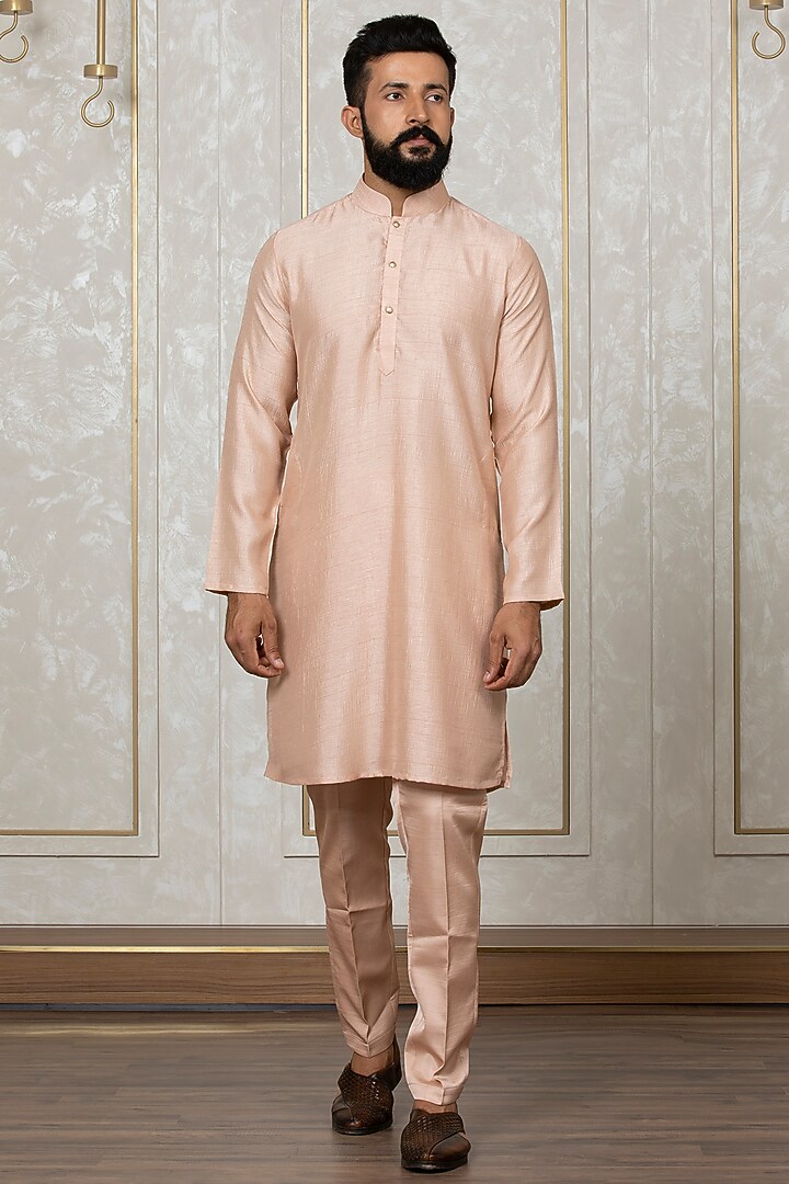 Peach Nysa Silk Embroidered Nehru Jacket With Kurta Set by Laromani at Pernia's Pop Up Shop
