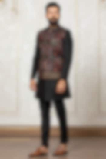 Black Katan Silk Embroidered Nehru Jacket With Kurta Set by Laromani