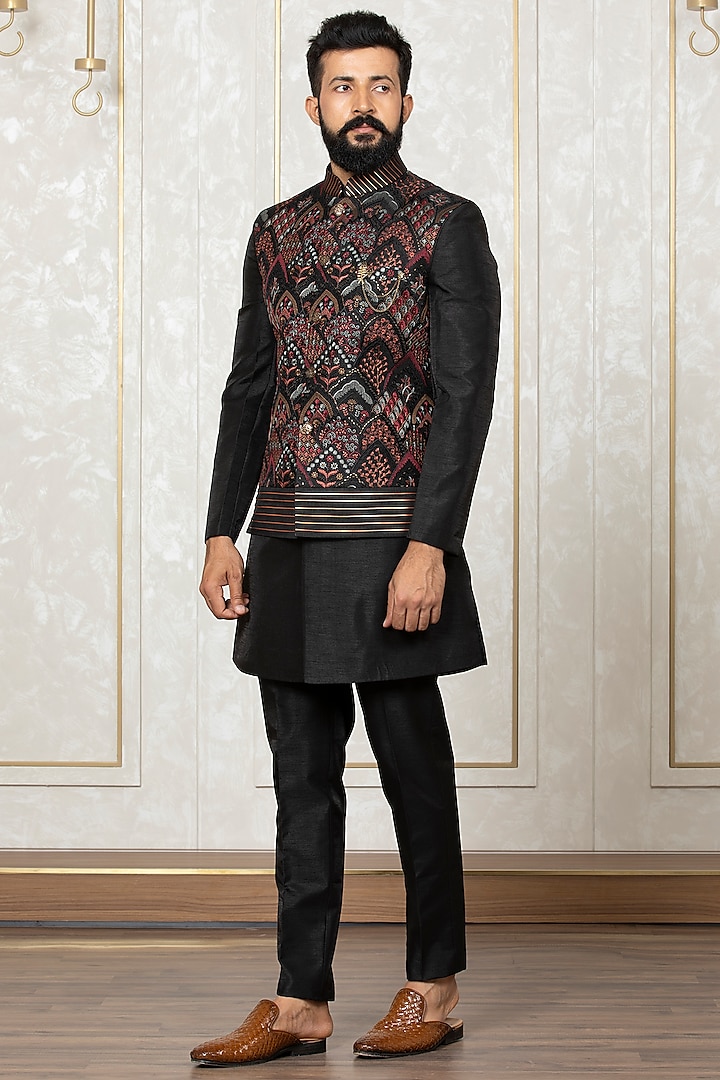 Black Katan Silk Embroidered Nehru Jacket With Kurta Set by Laromani