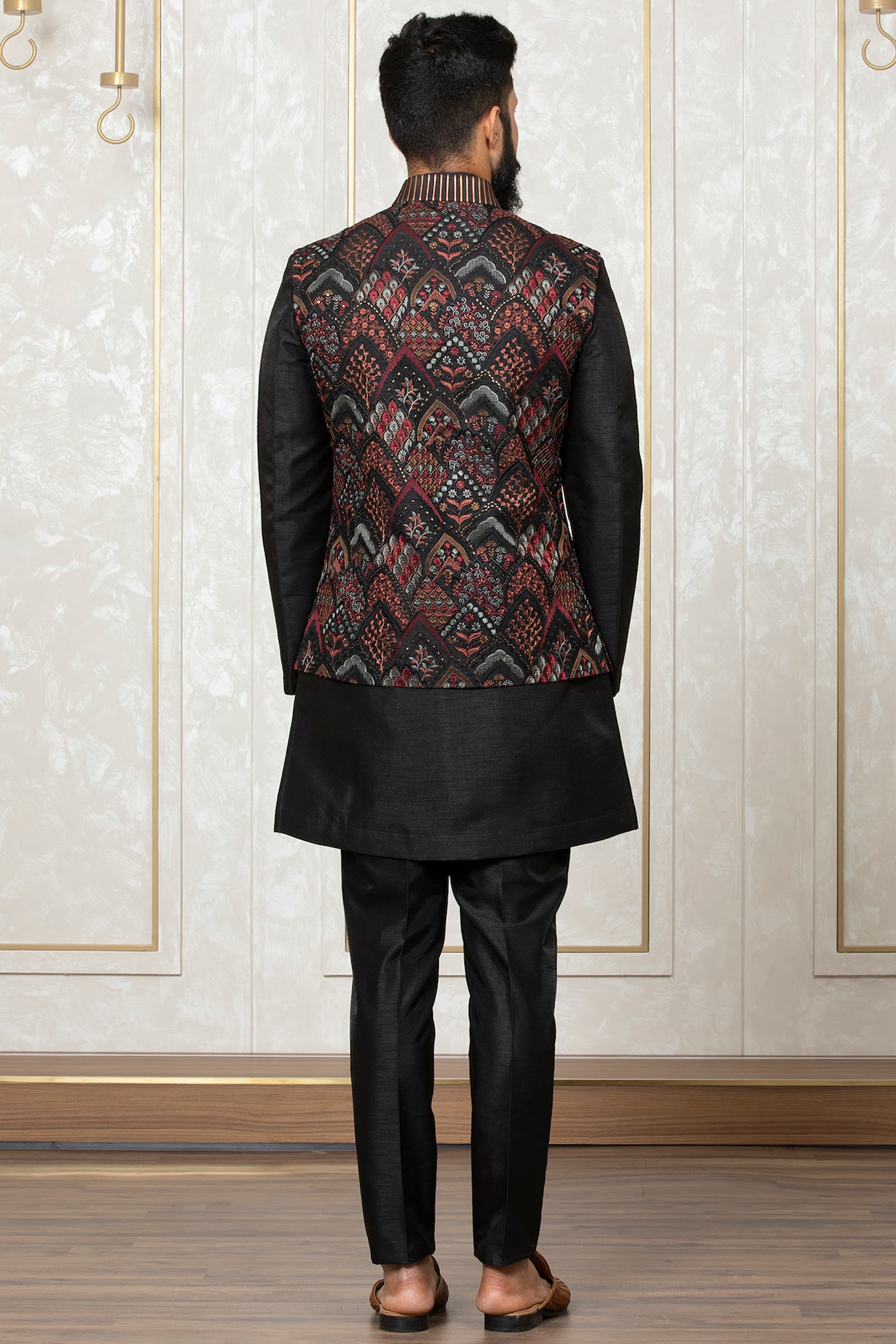 Buy Laromani Black Katan Silk Embroidered Nehru Jacket With Kurta Set ...