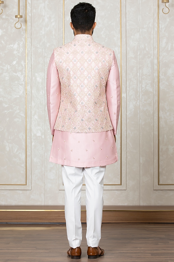 Fawn Fire Silk Embroidered Nehru Jacket With Kurta Set by Laromani at Pernia's Pop Up Shop