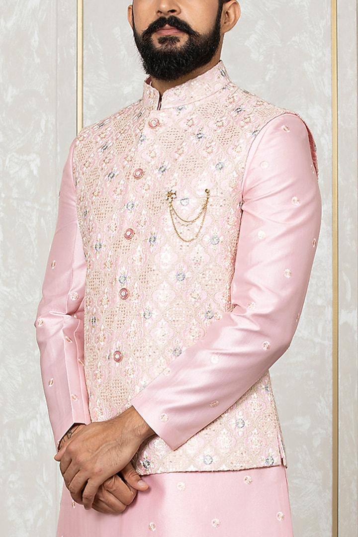 Fawn Fire Silk Embroidered Nehru Jacket With Kurta Set by Laromani at Pernia's Pop Up Shop