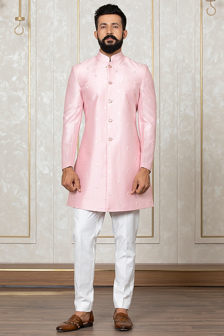 Fawn Fire Silk Embroidered Nehru Jacket With Kurta Set by Laromani at Pernia's Pop Up Shop