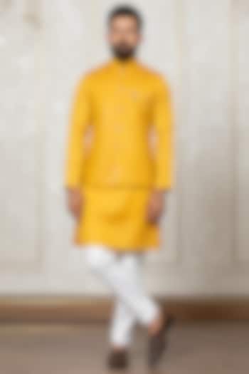 Yellow Satin Silk Embroidered Nehru Jacket With Kurta Set by Laromani