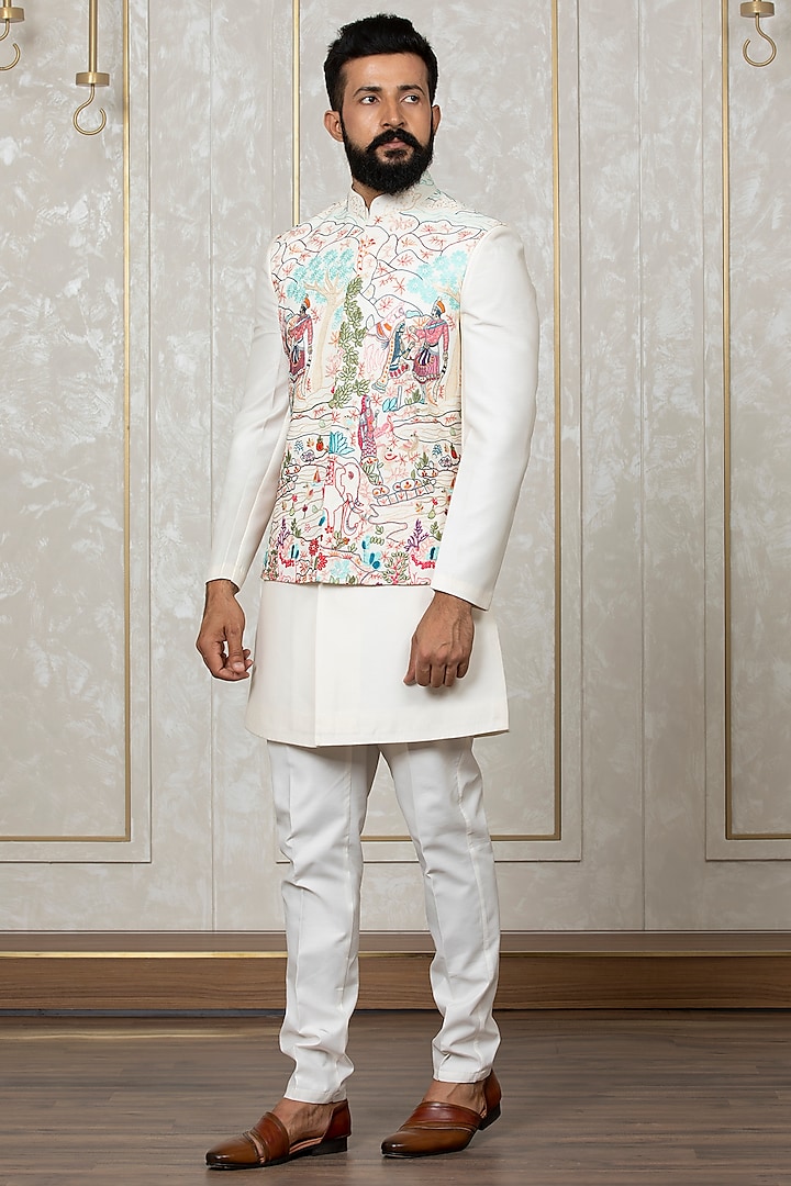 Cream Fox Georgette Embroidered Nehru Jacket With Kurta Set by Laromani