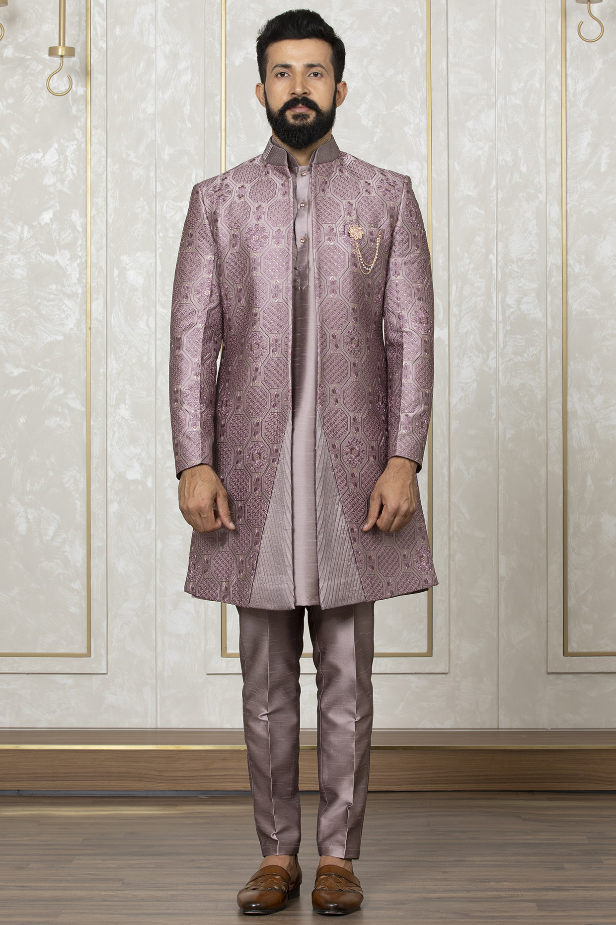 Mauve Katan Silk Embroidered Jacket With Kurta Set by Laromani