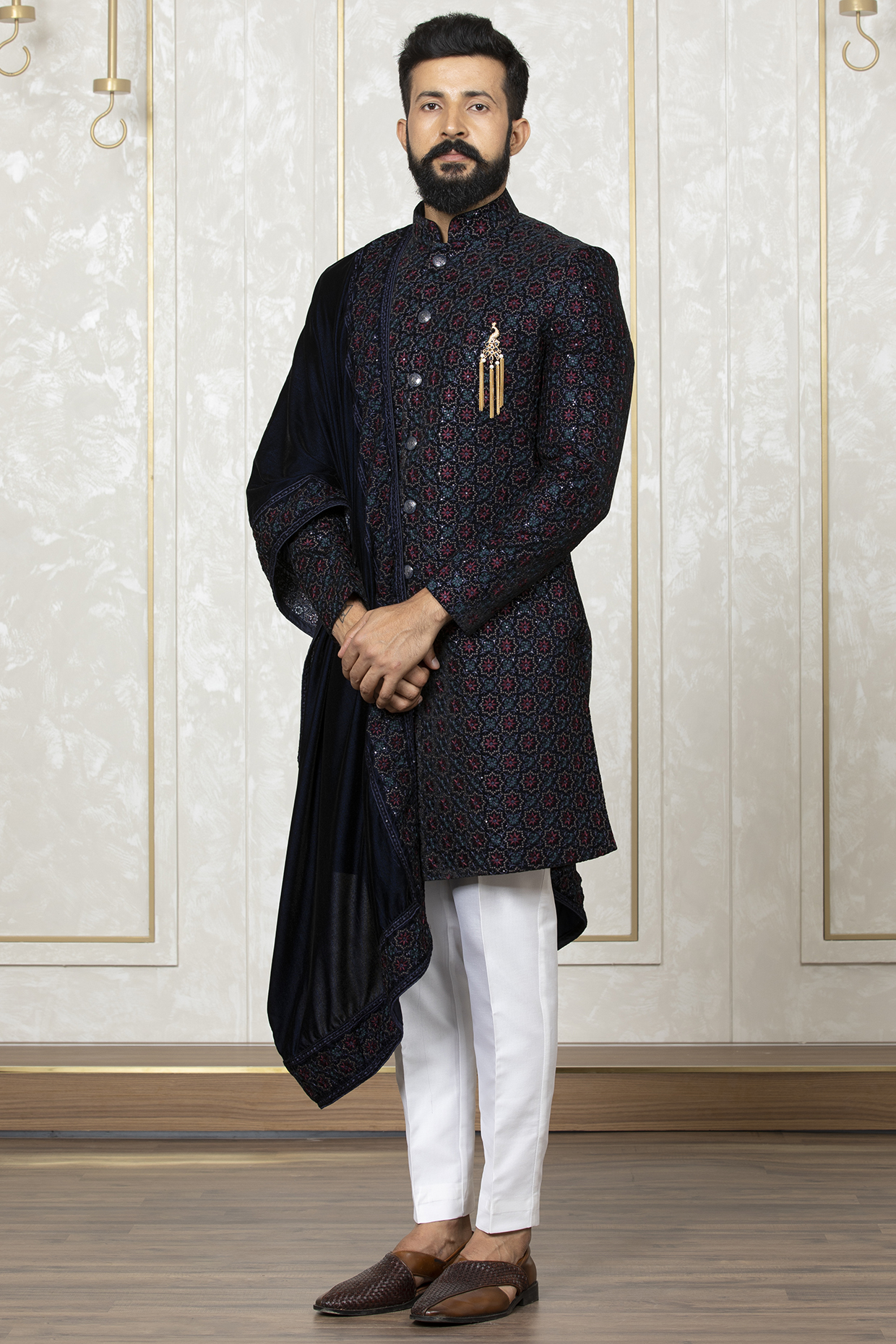 Navy Blue Velvet Embroidered Sherwani Set by Laromani