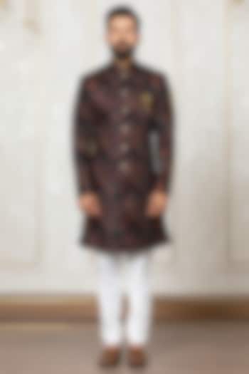Green Velvet Embroidered Sherwani Set by Laromani