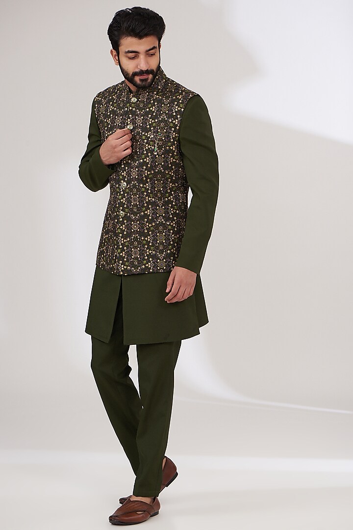 Green Faux Georgette Embroidered Nehru Jacket Set by Laromani